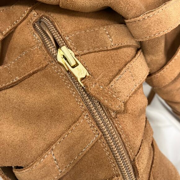 Sam Edelman Tan Suede OTK Boots 7 Leather Heel Wrap Strap Tall Zip Buckle - Picture 15 of 16